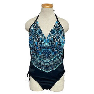 Aqua Green Swimsuit Womens X Large XL Blue Black NWT Geometric Halter One-Piece